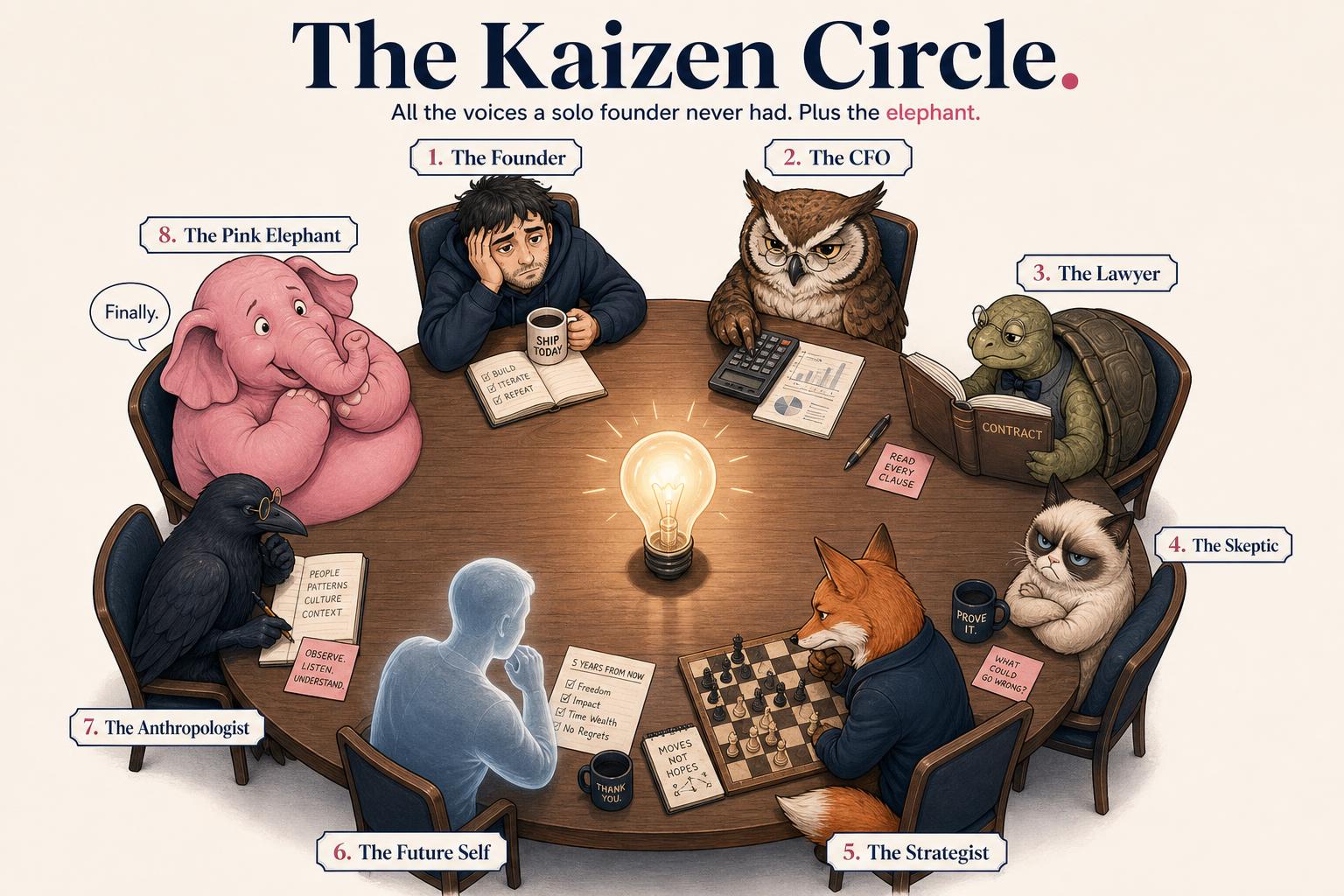 An infographic illustration of the Kaizen Circle: a round table with 8 advisor characters — Founder, owl CFO, tortoise Lawyer, grumpy cat Skeptic, fox Strategist, ghostly Future Self, crow Anthropologist, and the Pink Elephant finally being acknowledged.