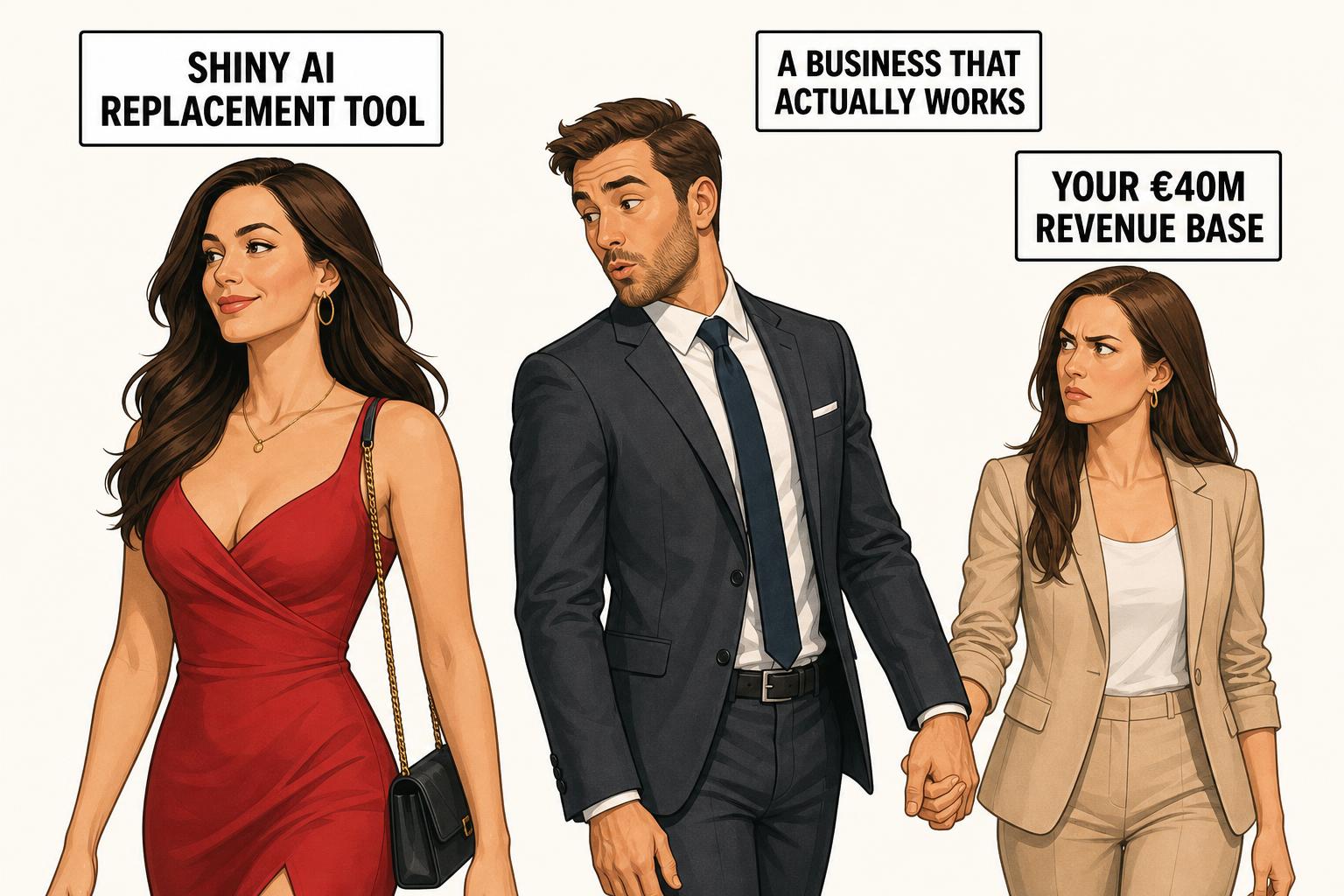 Distracted-boyfriend meme: a CEO walking with a partner labelled 'a business that actually works' turns to look at 'shiny AI replacement tool', while the partner labelled 'your €40M revenue base' glares at him.