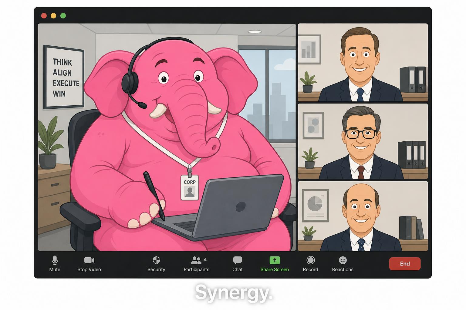Cartoon Zoom call with three beige executives smiling stiffly while a giant pink elephant in a corporate lanyard sits in the main tile, taking notes on a laptop. Caption reads: Synergy.