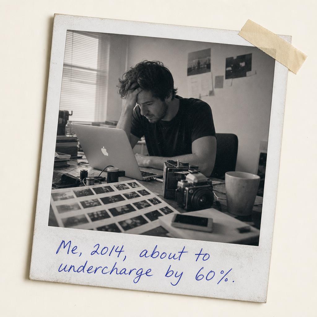A faux-vintage polaroid of a young photographer hunched over a laptop in 2014, surrounded by camera gear and contact sheets, with a handwritten caption.